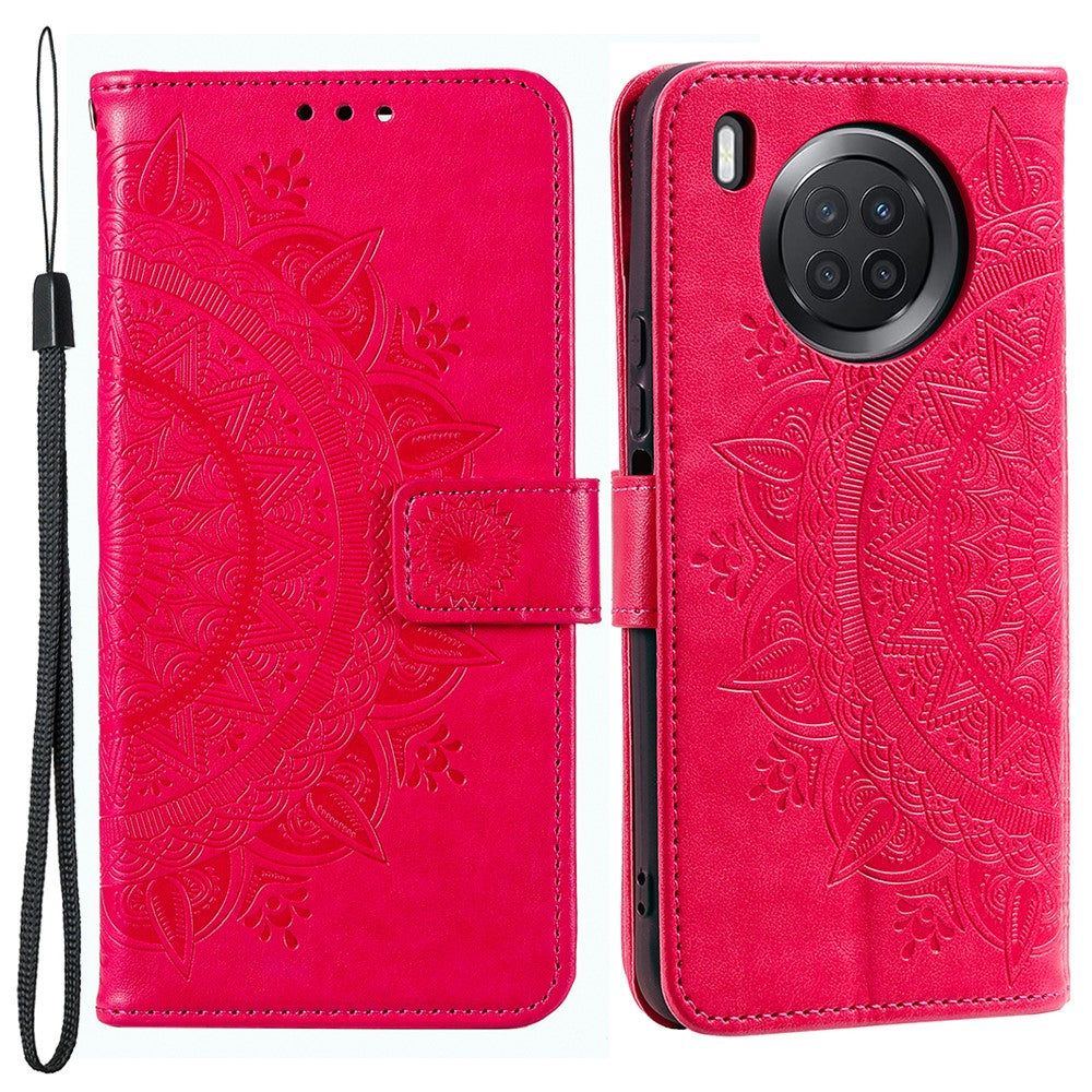 Imprinted Mandala Flower Full Protection PU Leather + Soft TPU Stand Wallet Phone Case with Strap for Huawei nova 8i