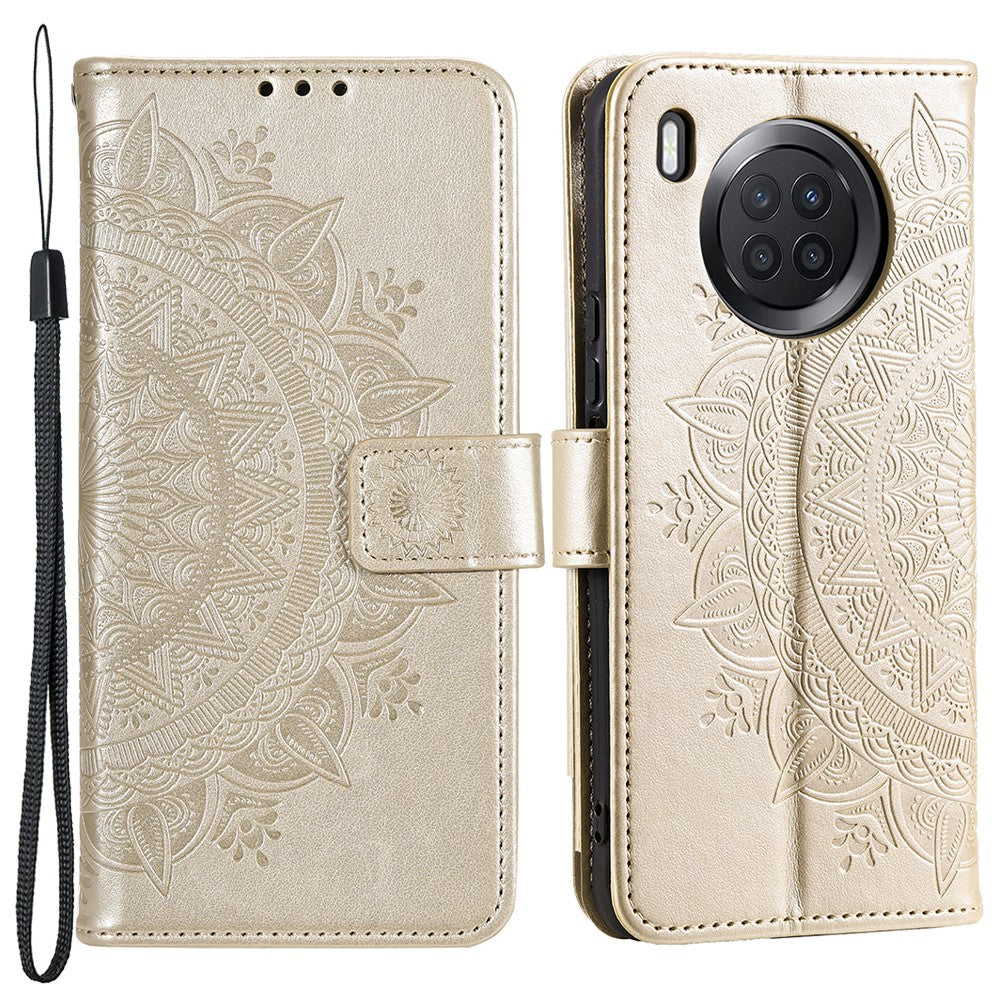 Imprinted Mandala Flower Full Protection PU Leather + Soft TPU Stand Wallet Phone Case with Strap for Huawei nova 8i