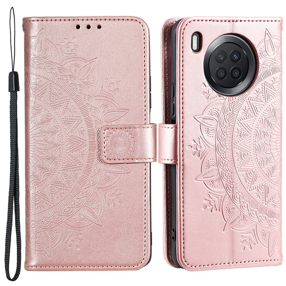 Imprinted Mandala Flower Full Protection PU Leather + Soft TPU Stand Wallet Phone Case with Strap for Huawei nova 8i