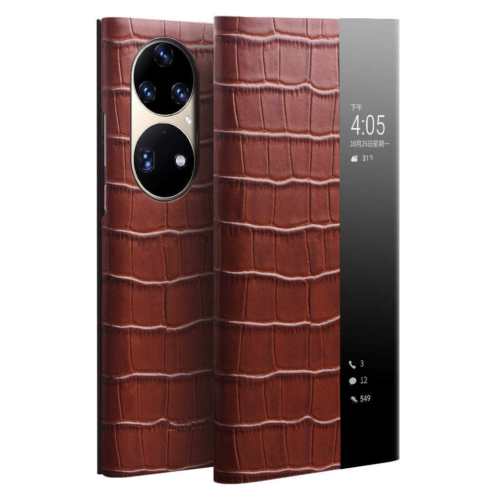 QIALINO Auto Wake/Sleep Ultra-slim Crocodile Texture Genuine Leather View Window Phone Case Shell for Huawei P50