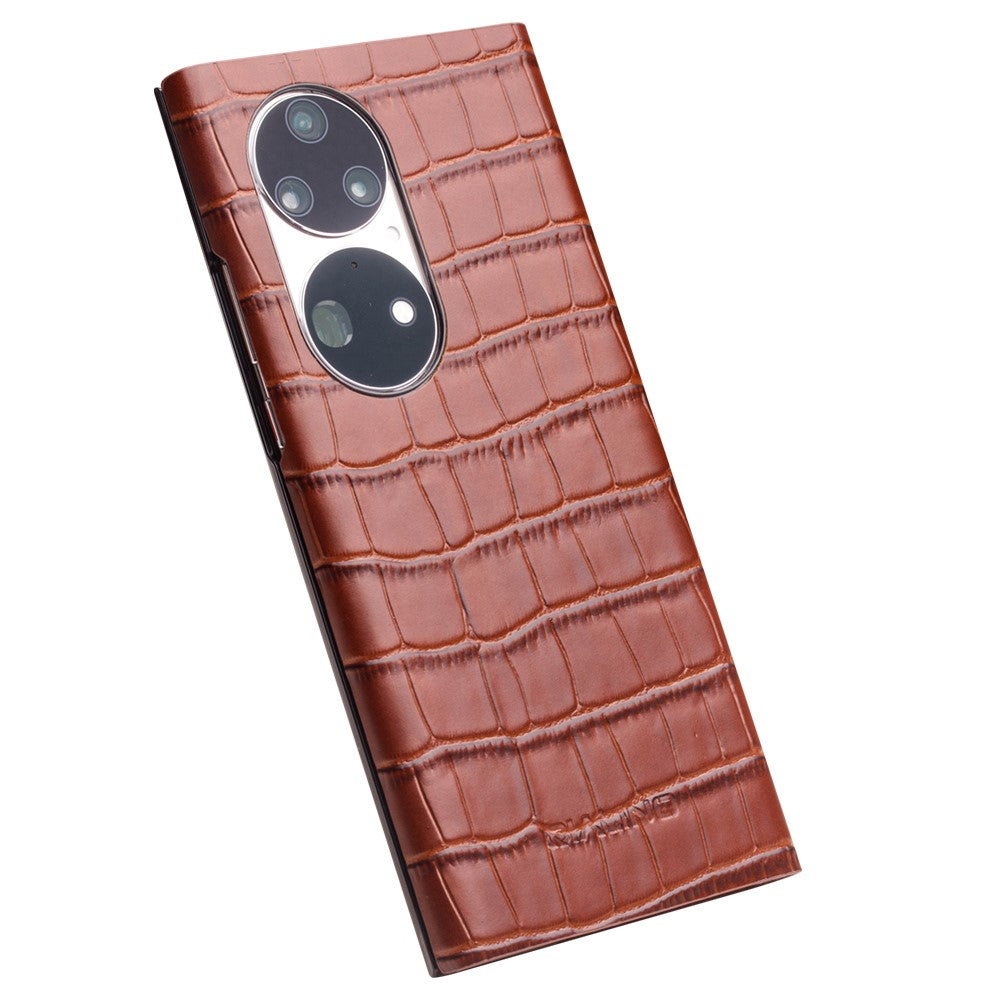 QIALINO Auto Wake/Sleep Ultra-slim Crocodile Texture Genuine Leather View Window Phone Case Shell for Huawei P50