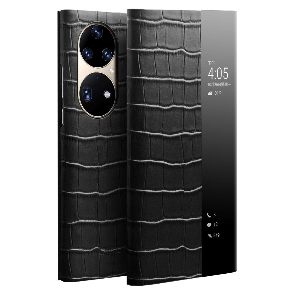 QIALINO Auto Wake/Sleep Ultratunt Krokodilstruktur Äkta Läderfodral med View Window till Huawei P50