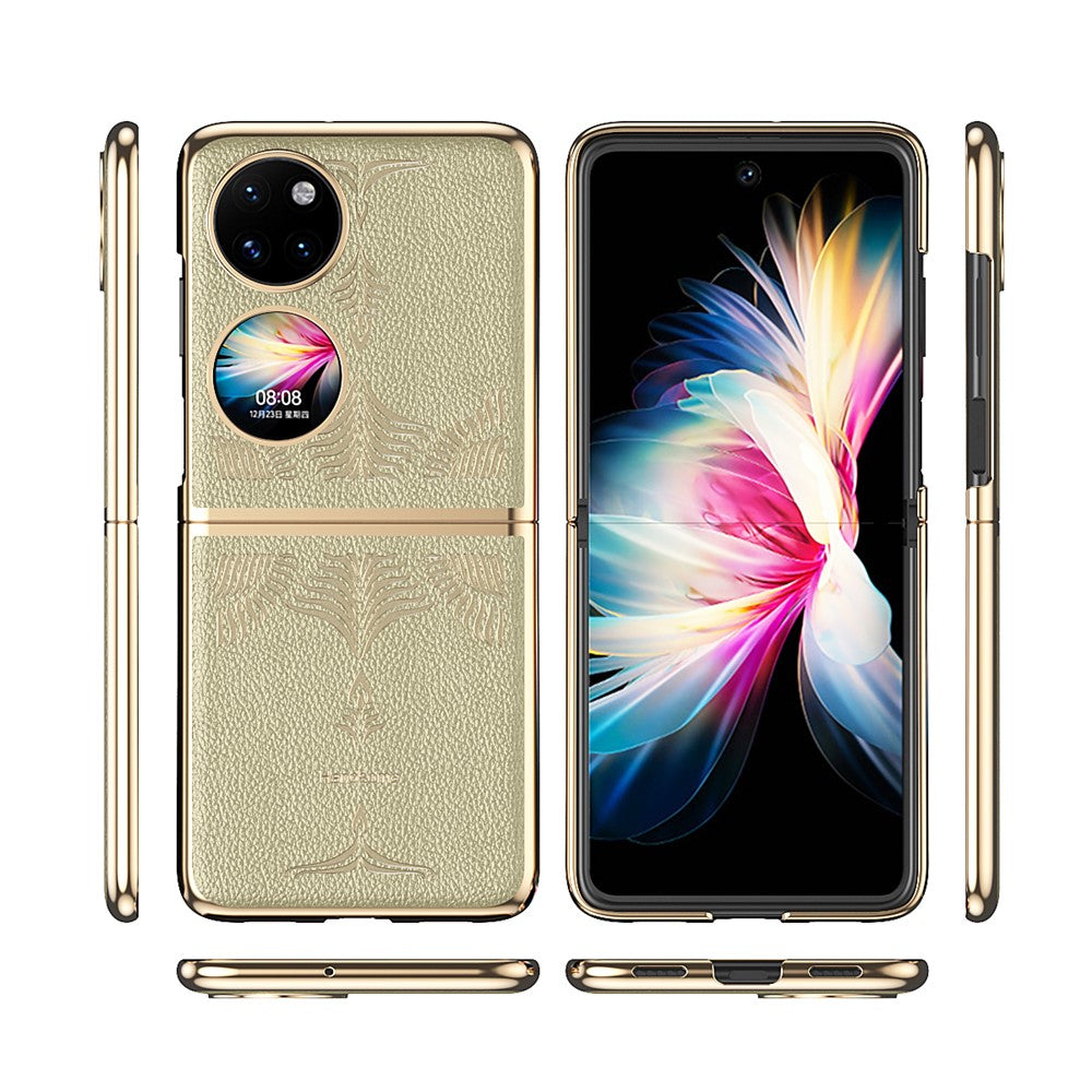 For Huawei P50 Pocket / Pocket S Electroplating Frame Design Textured PU Leather Coated Hard PC Phone Case Cover