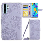 Hudvänligt PU-läderskal till Huawei P30 Pro, fjärils- och blommönster, stötsäkert stativ, plånbok med axelrem