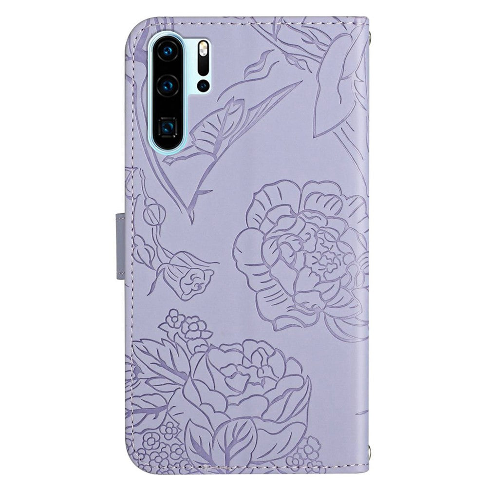 Hudvänligt PU-läderskal till Huawei P30 Pro, fjärils- och blommönster, stötsäkert stativ, plånbok med axelrem