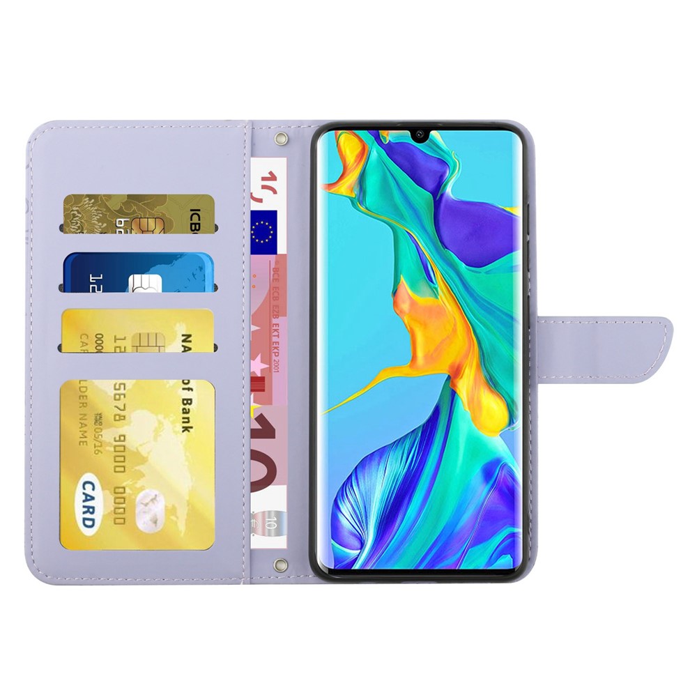 Hudvänligt PU-läderskal till Huawei P30 Pro, fjärils- och blommönster, stötsäkert stativ, plånbok med axelrem
