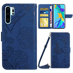 Hudvänligt PU-läderskal till Huawei P30 Pro, fjärils- och blommönster, stötsäkert stativ, plånbok med axelrem