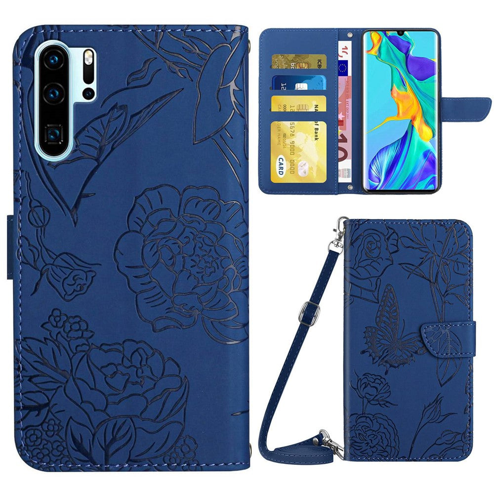 Hudvänligt PU-läderskal till Huawei P30 Pro, fjärils- och blommönster, stötsäkert stativ, plånbok med axelrem