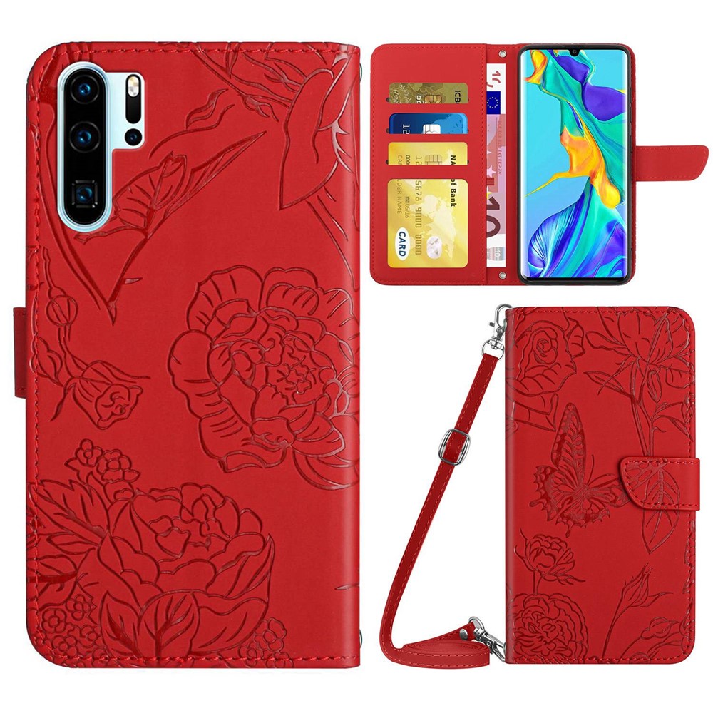 Hudvänligt PU-läderskal till Huawei P30 Pro, fjärils- och blommönster, stötsäkert stativ, plånbok med axelrem