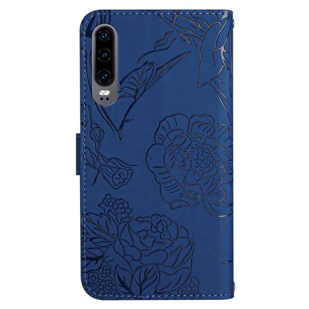 Hudvänligt PU-läderskal till Huawei P30, fjärils- och blommönster med stativ, plånboksfodral med axelrem
