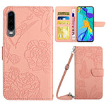 Hudvänligt PU-läderskal till Huawei P30, fjärils- och blommönster med stativ, plånboksfodral med axelrem