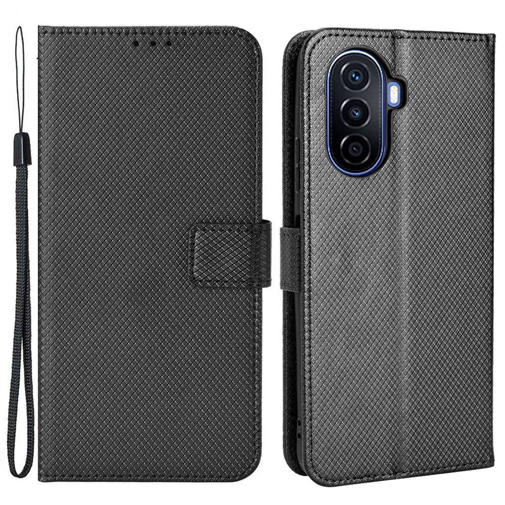 Diamond Texture Case for Huawei nova Y70 4G/nova Y70 Plus 4G, Stand Wallet Anti-wear Leather Protective Phone Cover with Strap