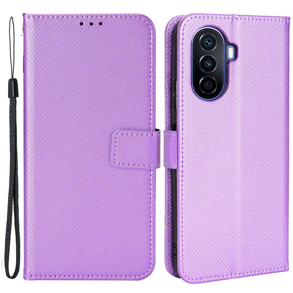 Diamond Texture Case for Huawei nova Y70 4G/nova Y70 Plus 4G, Stand Wallet Anti-wear Leather Protective Phone Cover with Strap