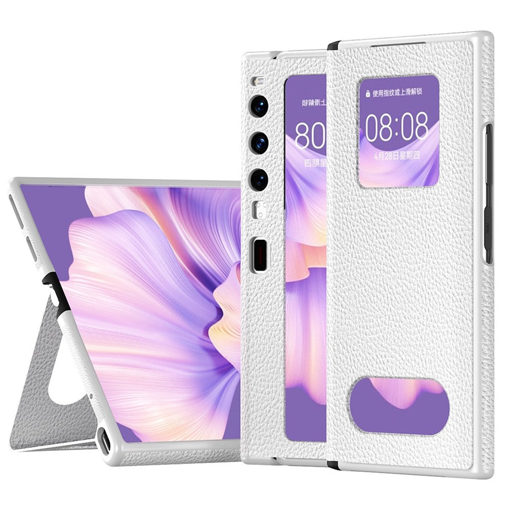 Sammenfoldeligt mobilcover til Huawei Mate Xs 2 i hulmønstret PU-læderbeklædt PC med litchistruktur, magnetisk lukning og stander
