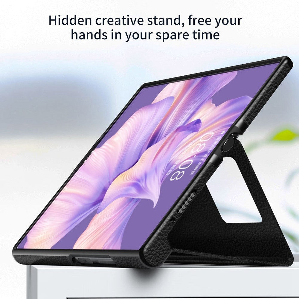 Sammenfoldeligt mobilcover til Huawei Mate Xs 2 i hulmønstret PU-læderbeklædt PC med litchistruktur, magnetisk lukning og stander