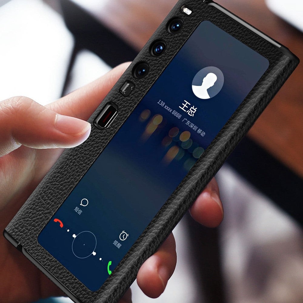 Sammenfoldeligt mobilcover til Huawei Mate Xs 2 i hulmønstret PU-læderbeklædt PC med litchistruktur, magnetisk lukning og stander