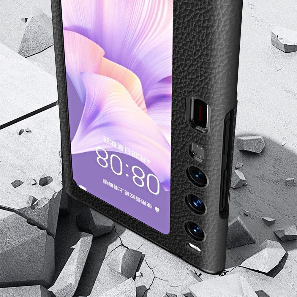 Sammenfoldeligt mobilcover til Huawei Mate Xs 2 i hulmønstret PU-læderbeklædt PC med litchistruktur, magnetisk lukning og stander