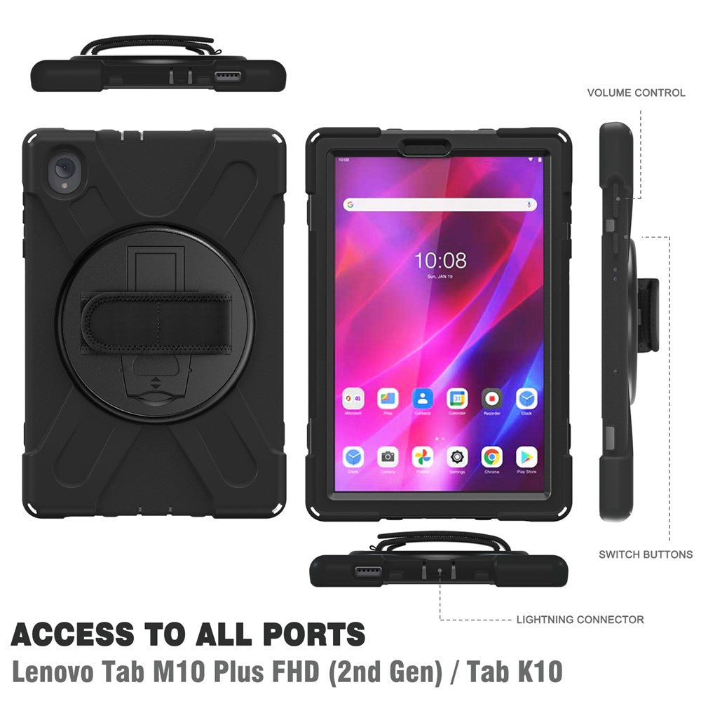 For Lenovo Tab K10/M10 Plus 360-degree Swiveling Kickstand Anti-scratch PC + Silicone Hybrid Case Cover Shell with Hand Band