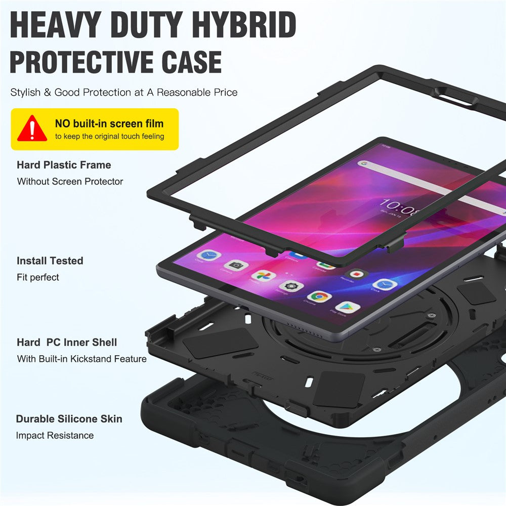 For Lenovo Tab K10/M10 Plus 360-degree Swiveling Kickstand Anti-scratch PC + Silicone Hybrid Case Cover Shell with Hand Band