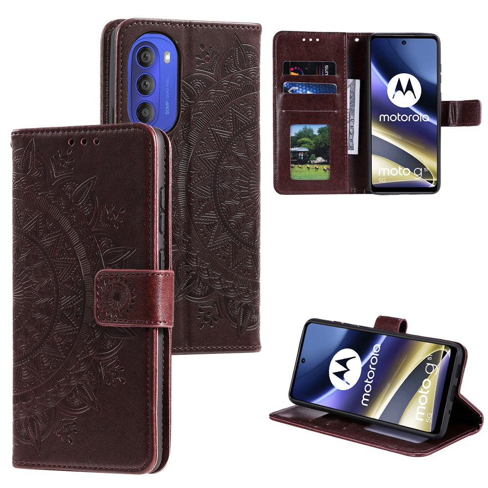Mandala Flower Imprinted Phone Cover for Motorola Moto G51 5G, PU Leather Shockproof Wallet Case Stand Shell with Wrist Strap
