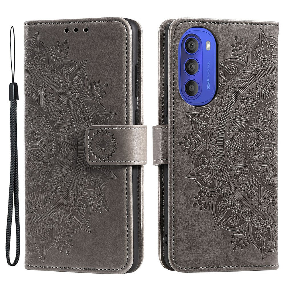 Mandala Flower Imprinted Phone Cover for Motorola Moto G51 5G, PU Leather Shockproof Wallet Case Stand Shell with Wrist Strap