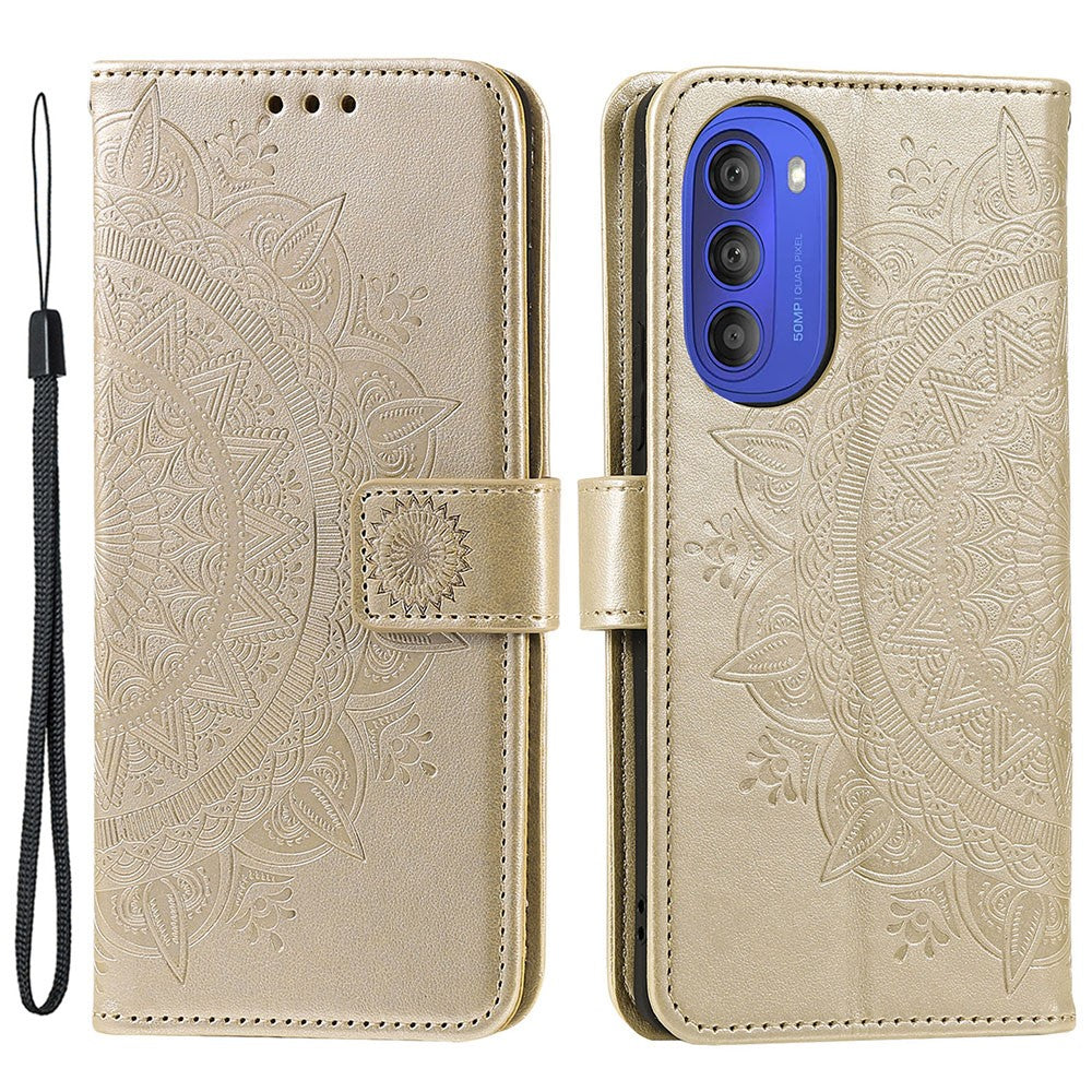 Mandala Flower Imprinted Phone Cover for Motorola Moto G51 5G, PU Leather Shockproof Wallet Case Stand Shell with Wrist Strap