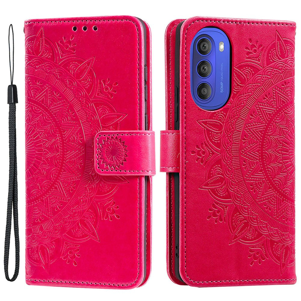 Mandala Flower Imprinted Phone Cover for Motorola Moto G51 5G, PU Leather Shockproof Wallet Case Stand Shell with Wrist Strap