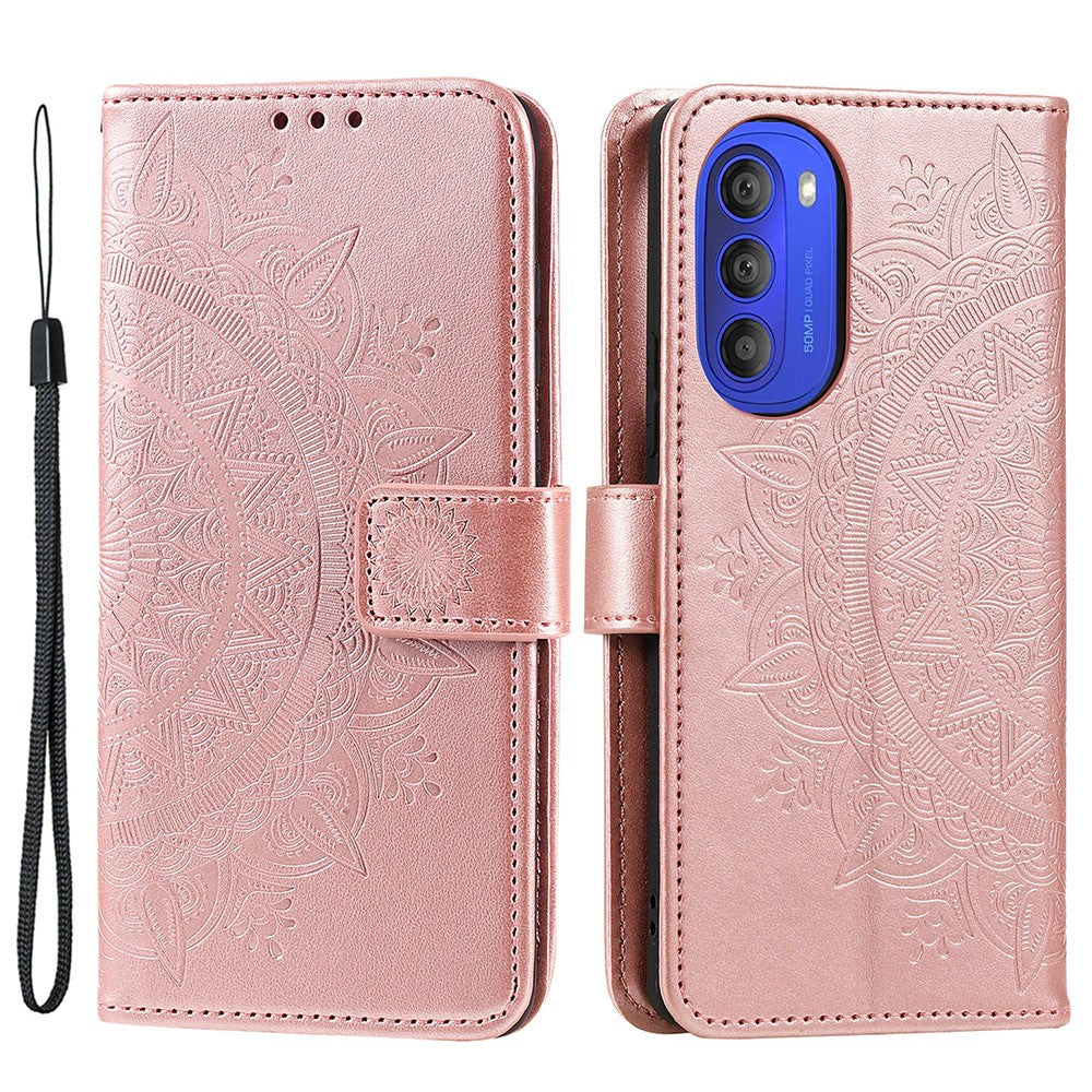 Mandala Flower Imprinted Phone Cover for Motorola Moto G51 5G, PU Leather Shockproof Wallet Case Stand Shell with Wrist Strap