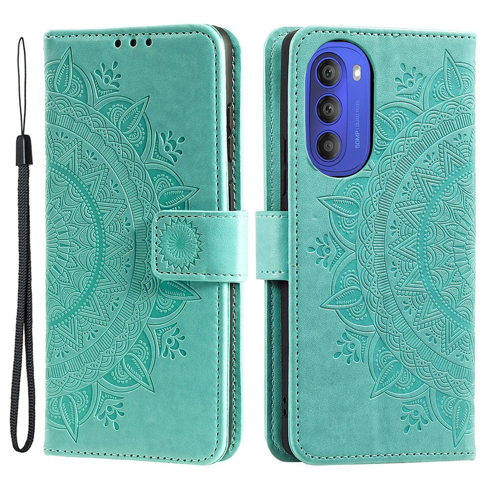 Mandala Flower Imprinted Phone Cover for Motorola Moto G51 5G, PU Leather Shockproof Wallet Case Stand Shell with Wrist Strap