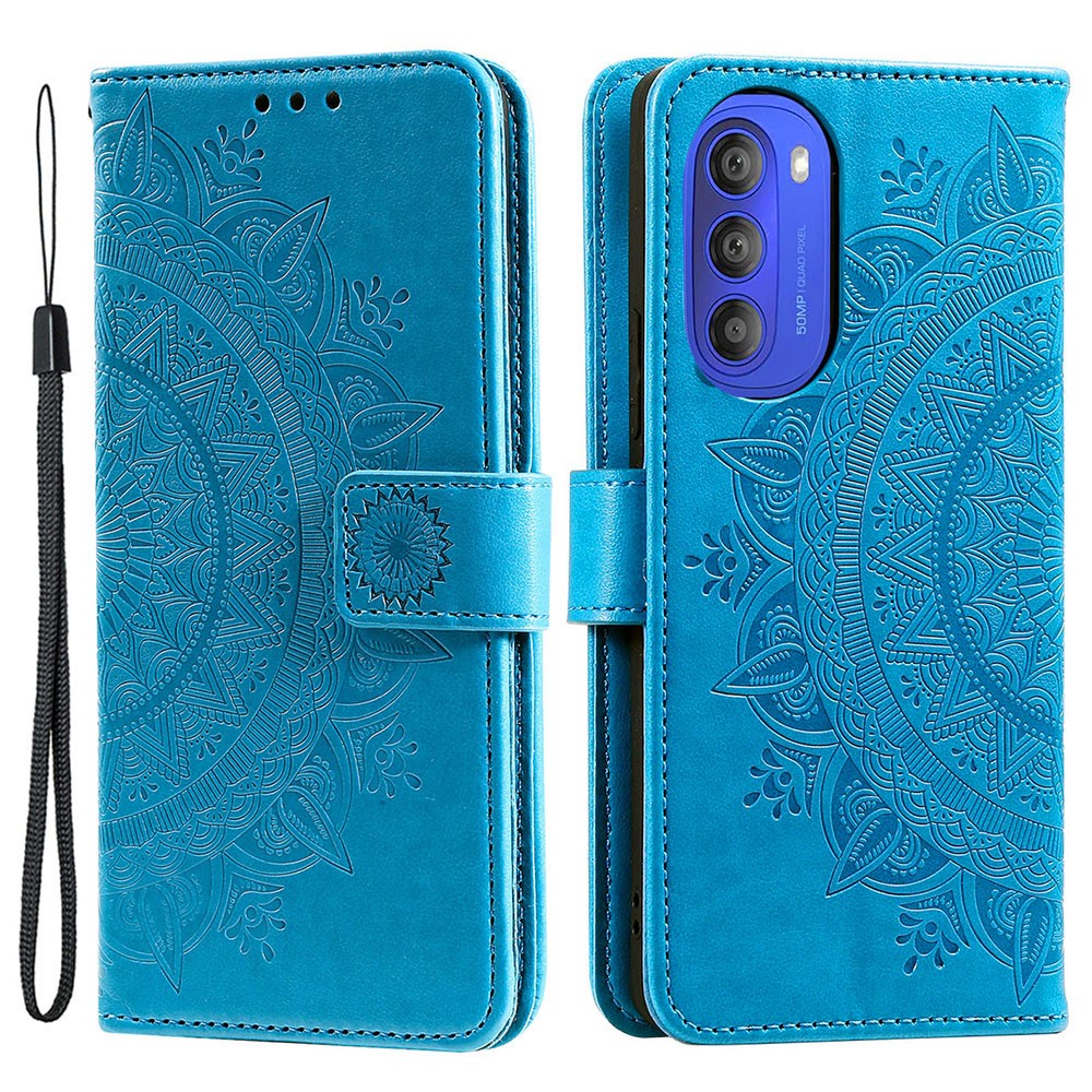Mandala Flower Imprinted Phone Cover for Motorola Moto G51 5G, PU Leather Shockproof Wallet Case Stand Shell with Wrist Strap