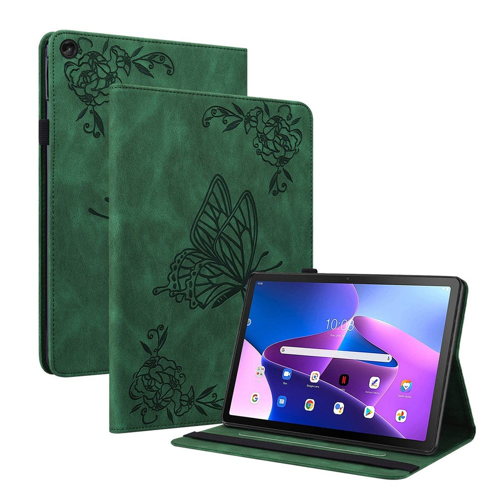For Lenovo Tab M10 Plus (3rd Gen) Butterfly Flower Imprinted Card Slot PU Leather Tablet Case Stand Cover with Elastic Band