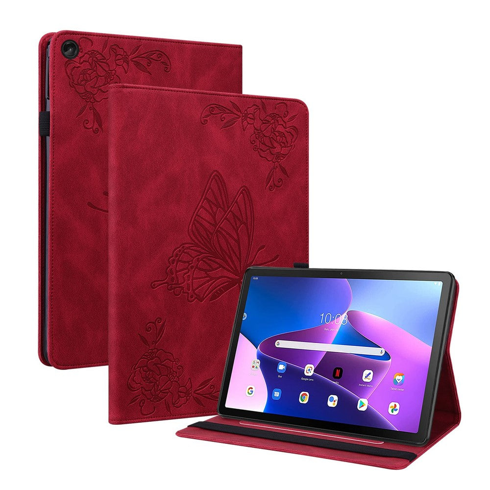 For Lenovo Tab M10 Plus (3rd Gen) Butterfly Flower Imprinted Card Slot PU Leather Tablet Case Stand Cover with Elastic Band