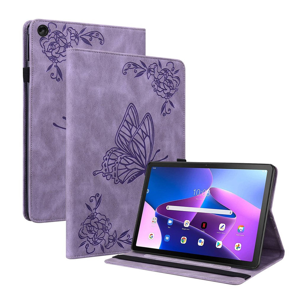 For Lenovo Tab M10 Plus (3rd Gen) Butterfly Flower Imprinted Card Slot PU Leather Tablet Case Stand Cover with Elastic Band