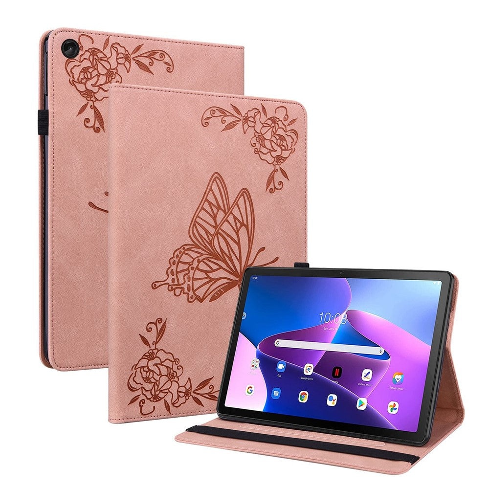 For Lenovo Tab M10 Plus (3rd Gen) Butterfly Flower Imprinted Card Slot PU Leather Tablet Case Stand Cover with Elastic Band