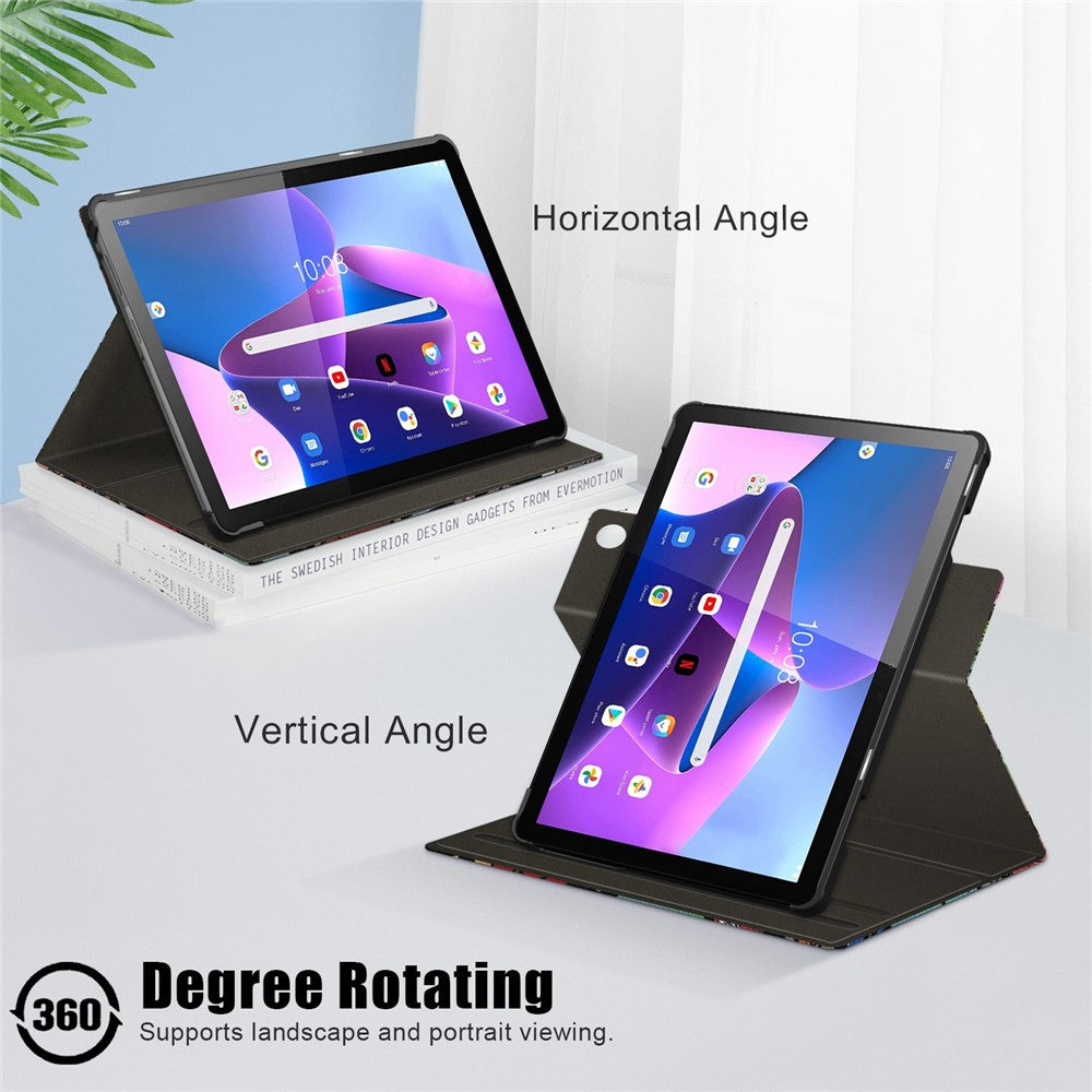 For Lenovo Tab M10 (Gen 3) 10.1 inch 328F 360-degree Rotary Stand Function Pattern Printing PU Leather Tablet Case with Auto Wake/Sleep