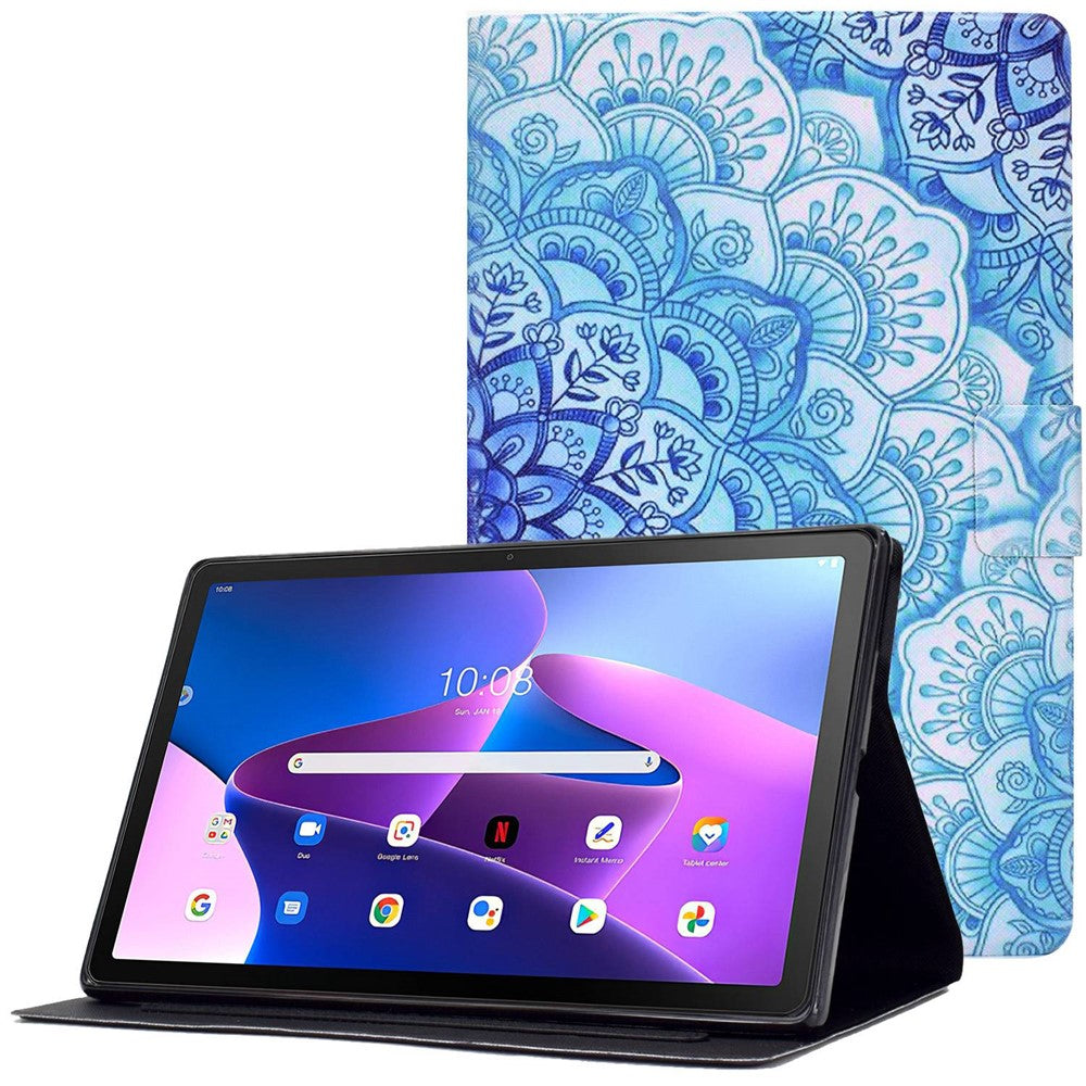 Surfplatta i PU-läder för Lenovo Tab M10 (Gen 3) TB-328FU / TB-328XU, mönstertryckt korthållare, stötsäkert fodral med justerbart stativ
