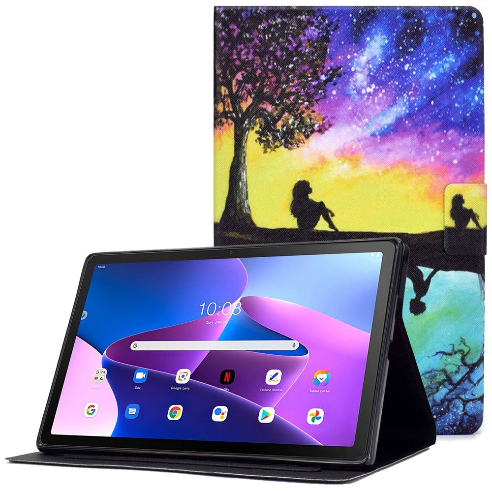 Surfplatta i PU-läder för Lenovo Tab M10 (Gen 3) TB-328FU / TB-328XU, mönstertryckt korthållare, stötsäkert fodral med justerbart stativ