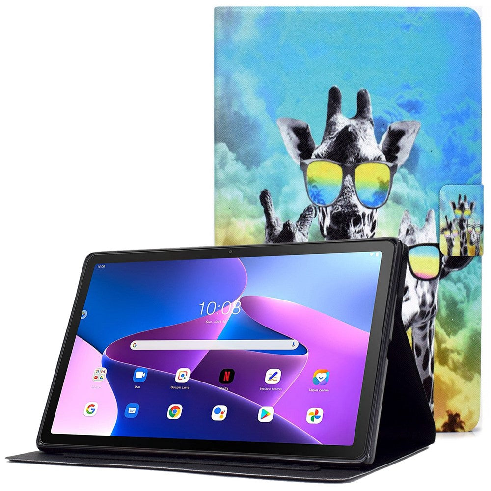 Surfplatta i PU-läder för Lenovo Tab M10 (Gen 3) TB-328FU / TB-328XU, mönstertryckt korthållare, stötsäkert fodral med justerbart stativ