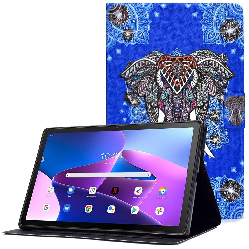 Surfplatta i PU-läder för Lenovo Tab M10 (Gen 3) TB-328FU / TB-328XU, mönstertryckt korthållare, stötsäkert fodral med justerbart stativ