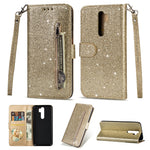 Glitter Powder Zippered Leather Wallet Case with Strap for Xiaomi Redmi Note 8 Pro
