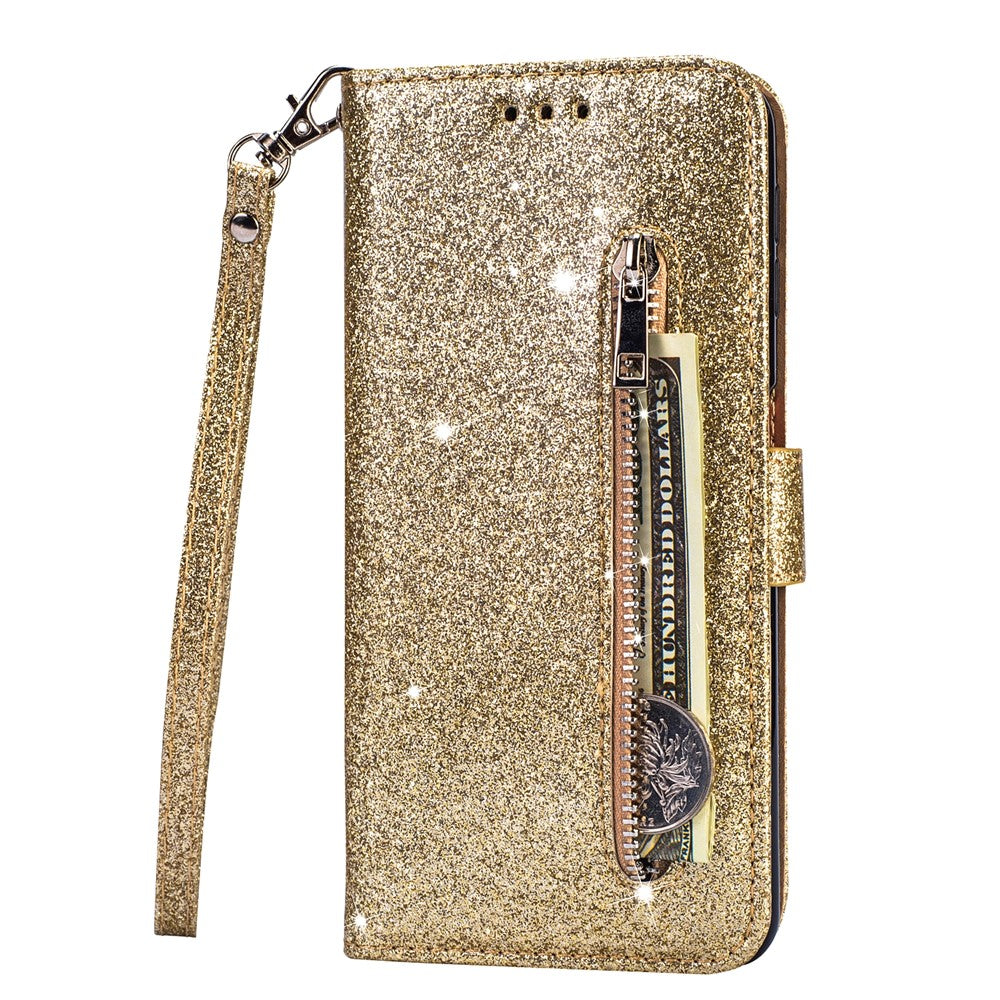 Glitter Powder Zippered Leather Wallet Case with Strap for Xiaomi Redmi Note 8 Pro