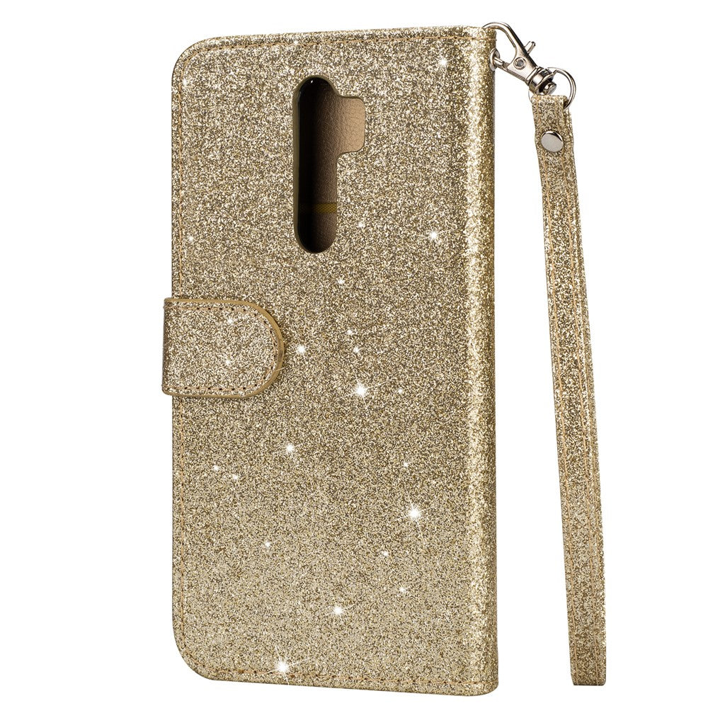 Glitter Powder Zippered Leather Wallet Case with Strap for Xiaomi Redmi Note 8 Pro