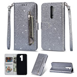 Glitter Powder Zippered Leather Wallet Case with Strap for Xiaomi Redmi Note 8 Pro