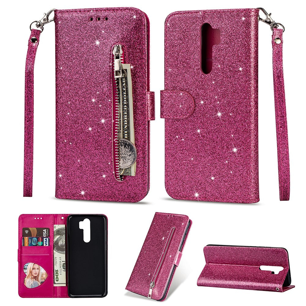 Glitter Powder Zippered Leather Wallet Case with Strap for Xiaomi Redmi Note 8 Pro