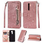 Glitter Powder Zippered Leather Wallet Case with Strap for Xiaomi Redmi Note 8 Pro