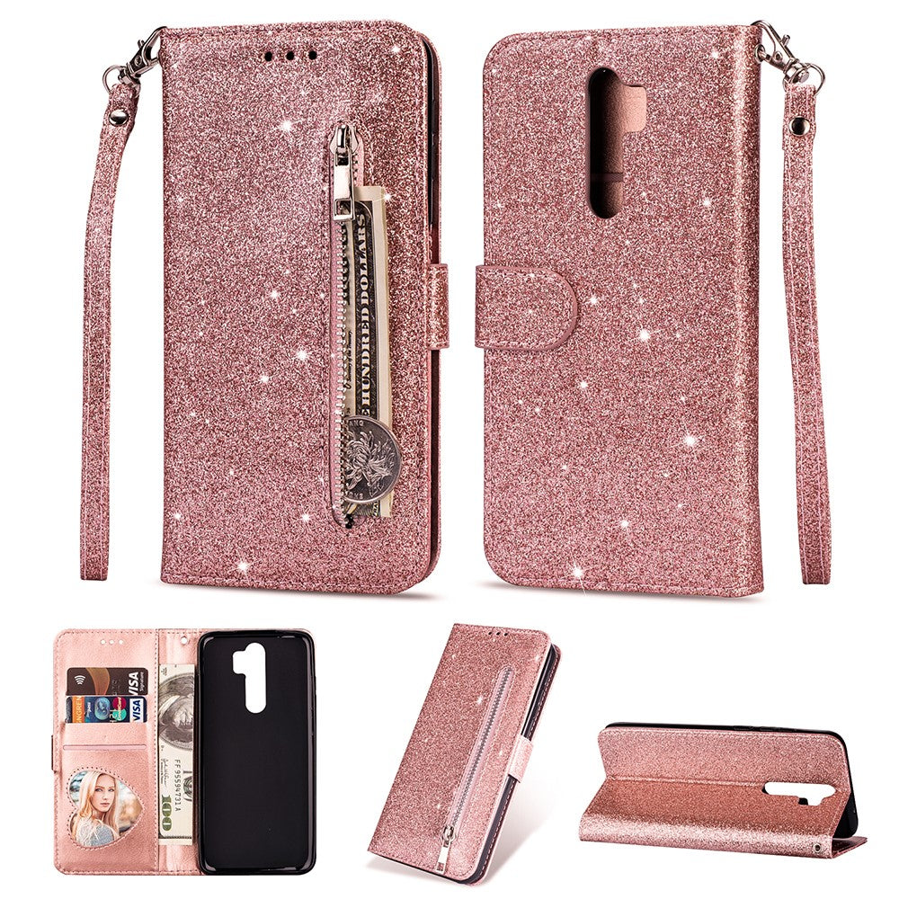 Glitter Powder Zippered Leather Wallet Case with Strap for Xiaomi Redmi Note 8 Pro
