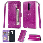Glitter Powder Zippered Leather Wallet Case with Strap for Xiaomi Redmi Note 8 Pro