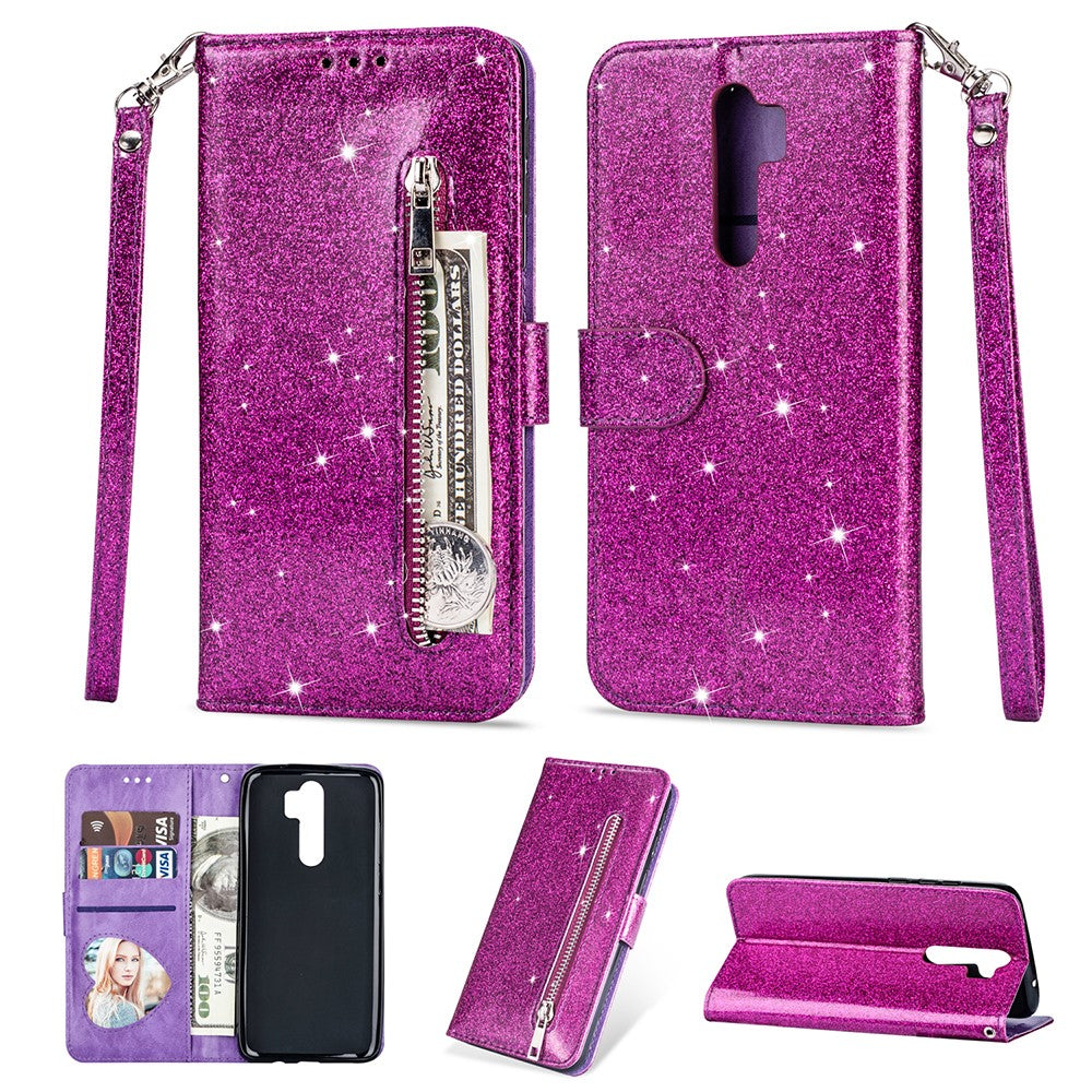 Glitter Powder Zippered Leather Wallet Case with Strap for Xiaomi Redmi Note 8 Pro