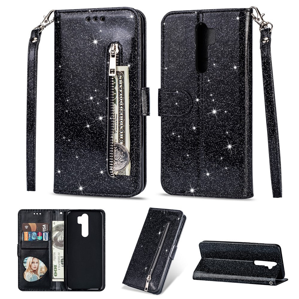 Glitter Powder Zippered Leather Wallet Case with Strap for Xiaomi Redmi Note 8 Pro