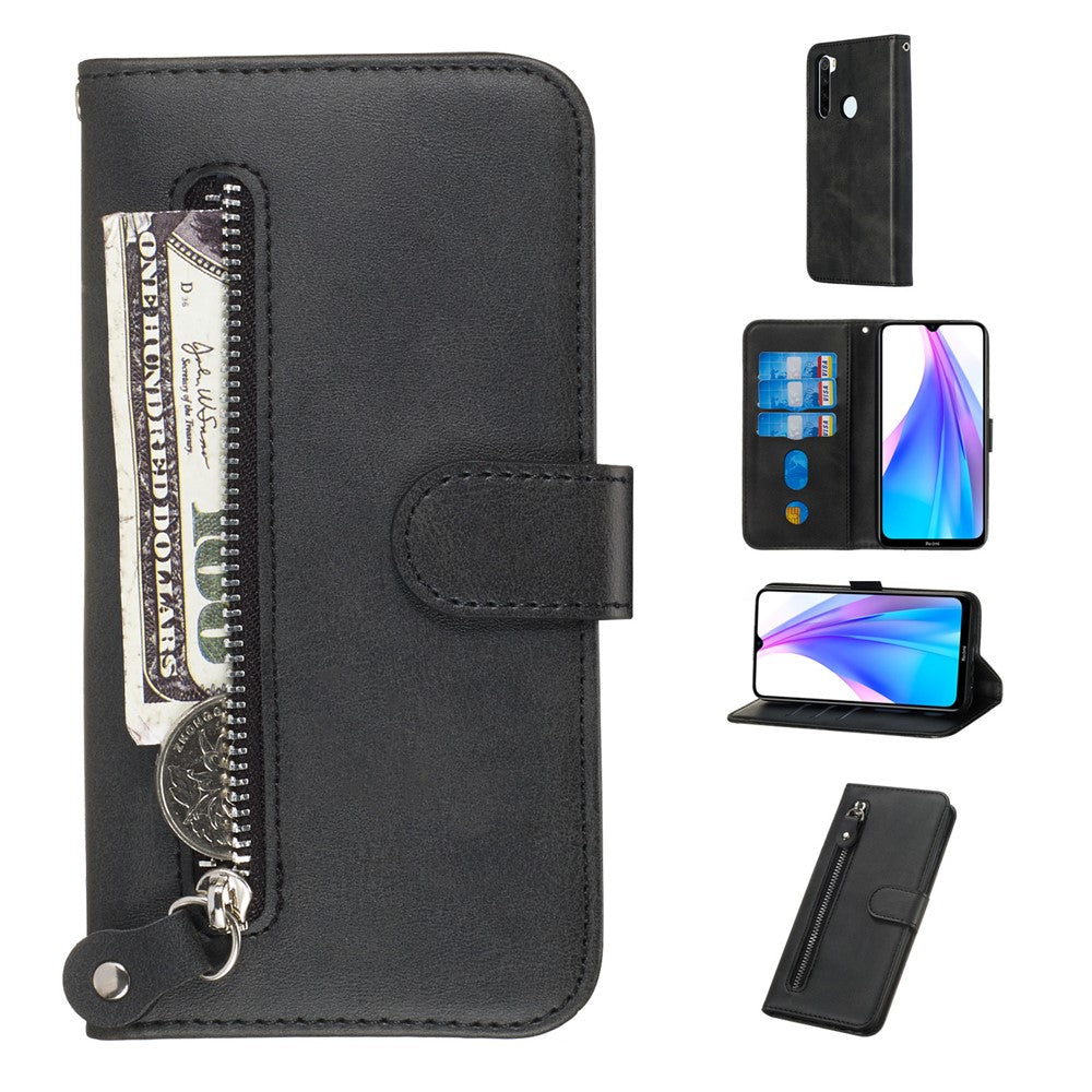 For Xiaomi Redmi Note 8T PU Leather Cases with Zipper Pocket Wallet Phone Cover Stand